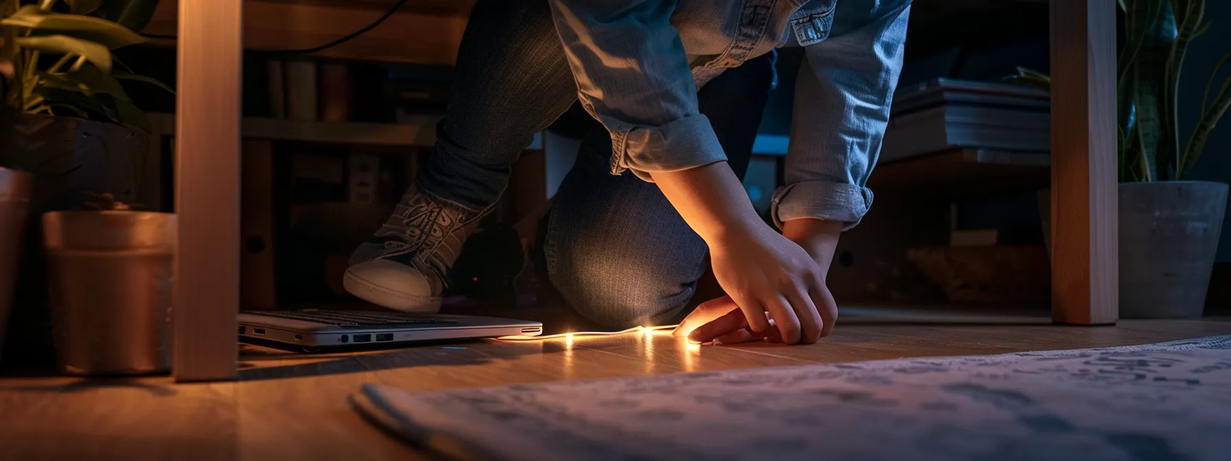 a person measuring knee clearance under a desk for ada compliance.