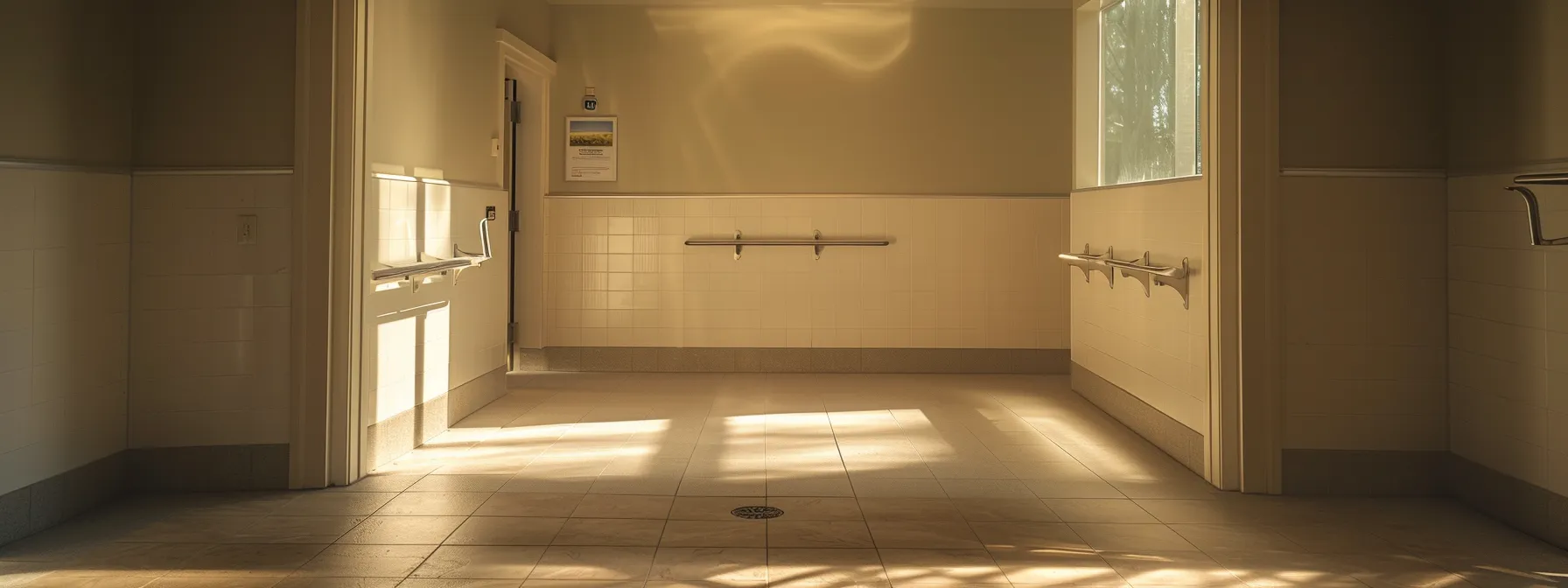 a spacious bathroom stall with grab bars and proper clearance for wheelchair accessibility.