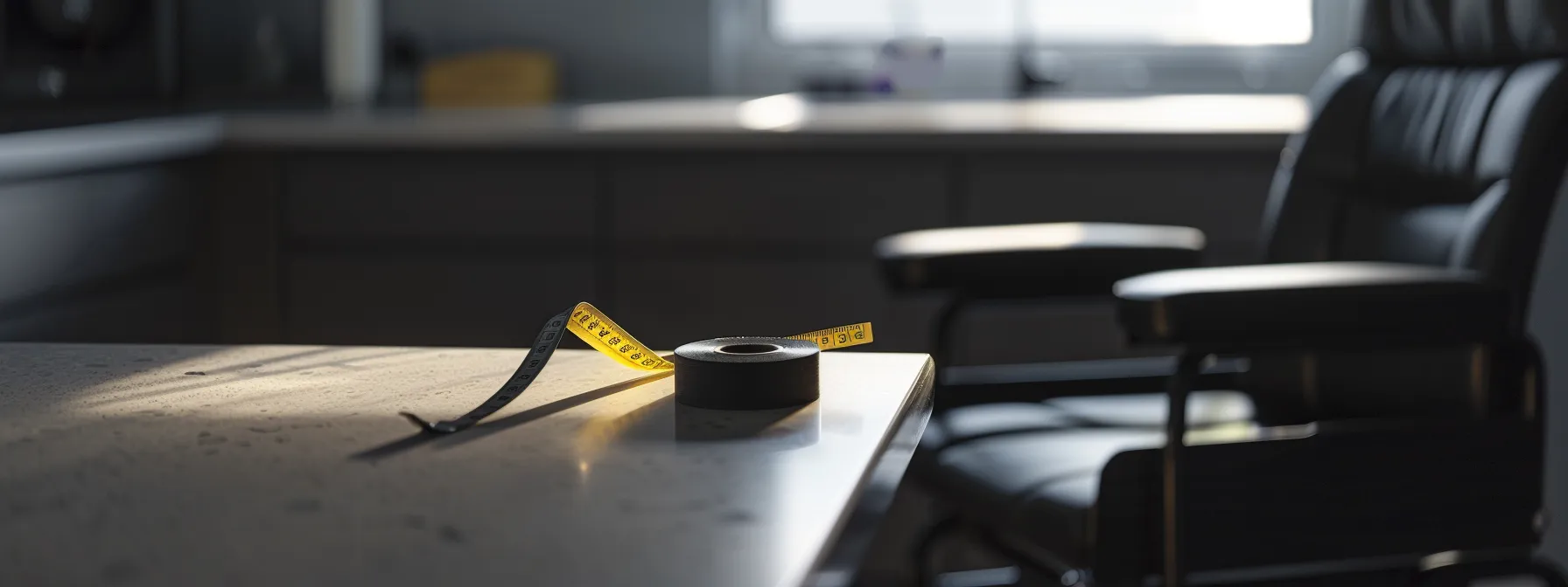 a tape measure lying on a countertop next to a wheelchair-accessible chair.