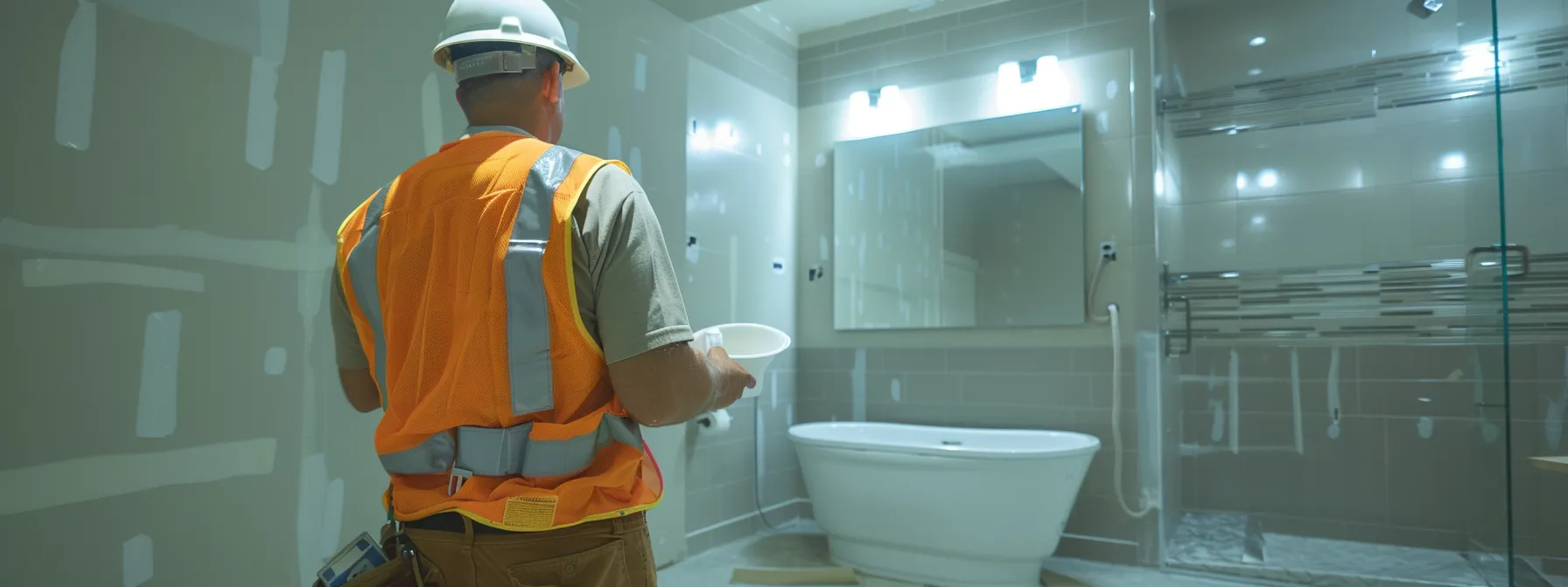 a contractor inspecting a bathroom for ada compliance.