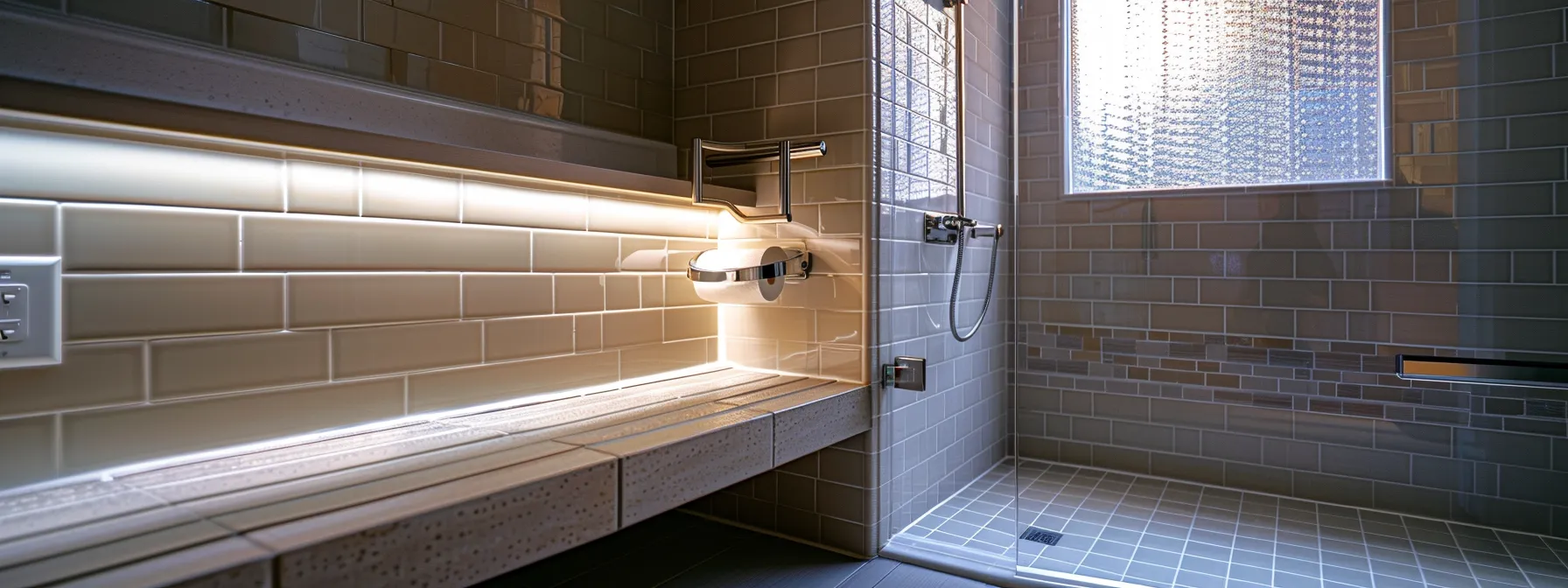 a spacious and accessible shower stall with a built-in bench, grab bars, and a handheld shower head for individuals with disabilities.