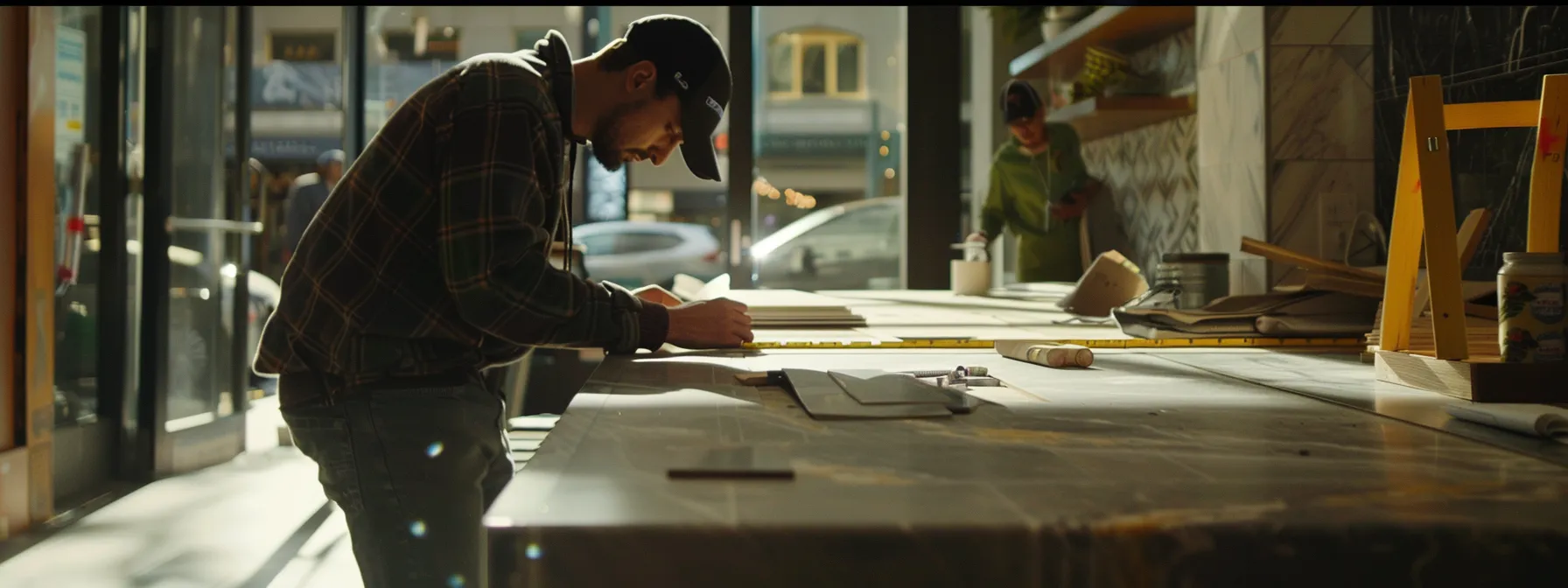 professionals measuring knee clearance under countertops in a public space.