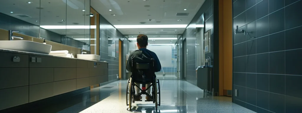 a person in a wheelchair easily maneuvering underneath a sink in a spacious bathroom.