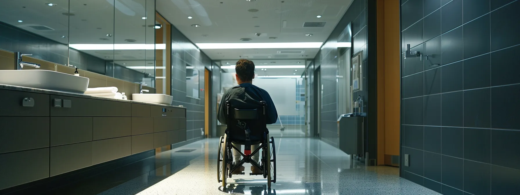 a person in a wheelchair easily maneuvering underneath a sink in a spacious bathroom.