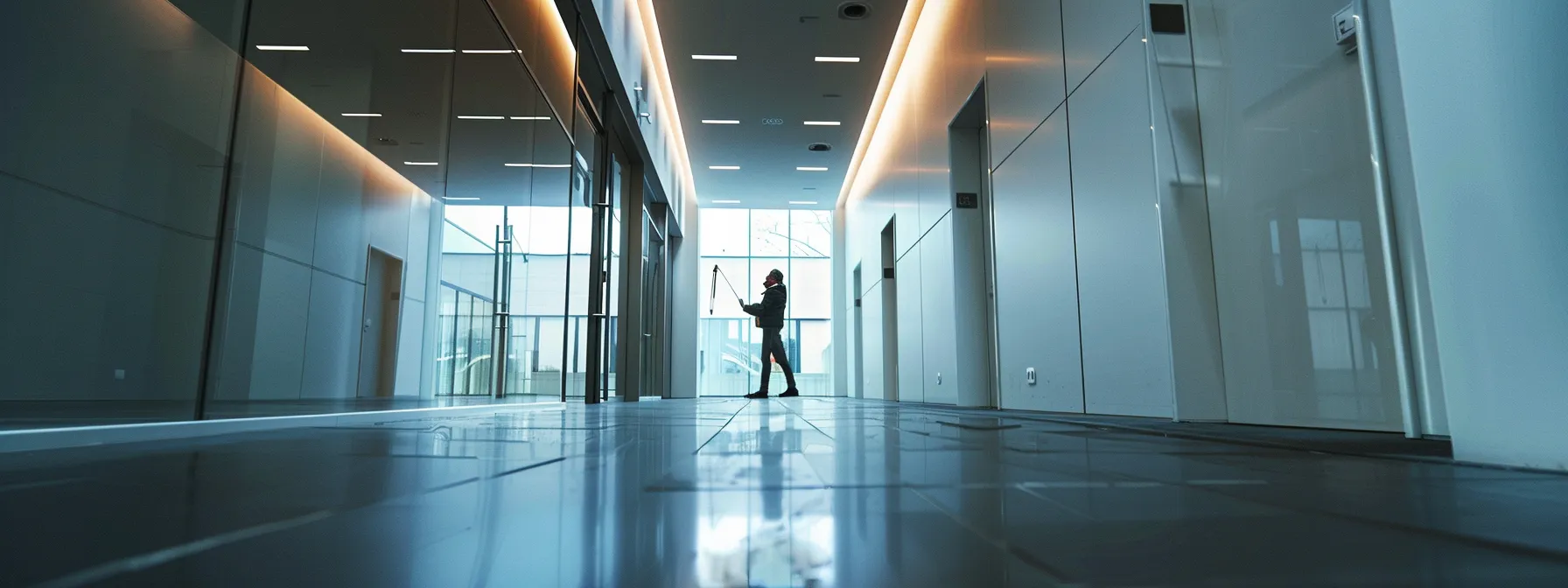 a person measuring the height and angle of fixtures in a commercial building for ada compliance.