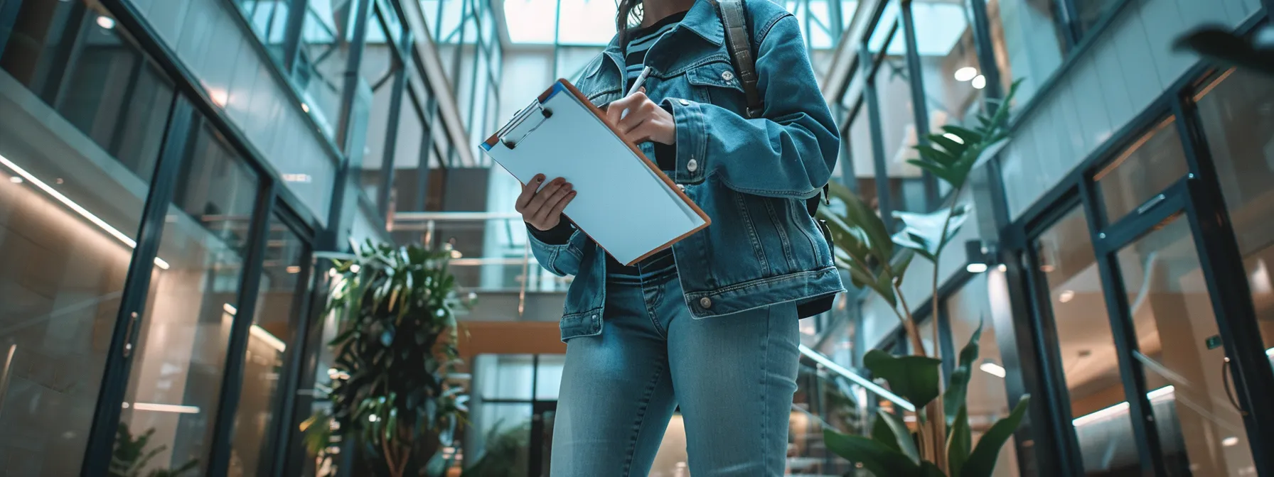 a person with a clipboard and pen walking around a building inspecting for accessibility features.