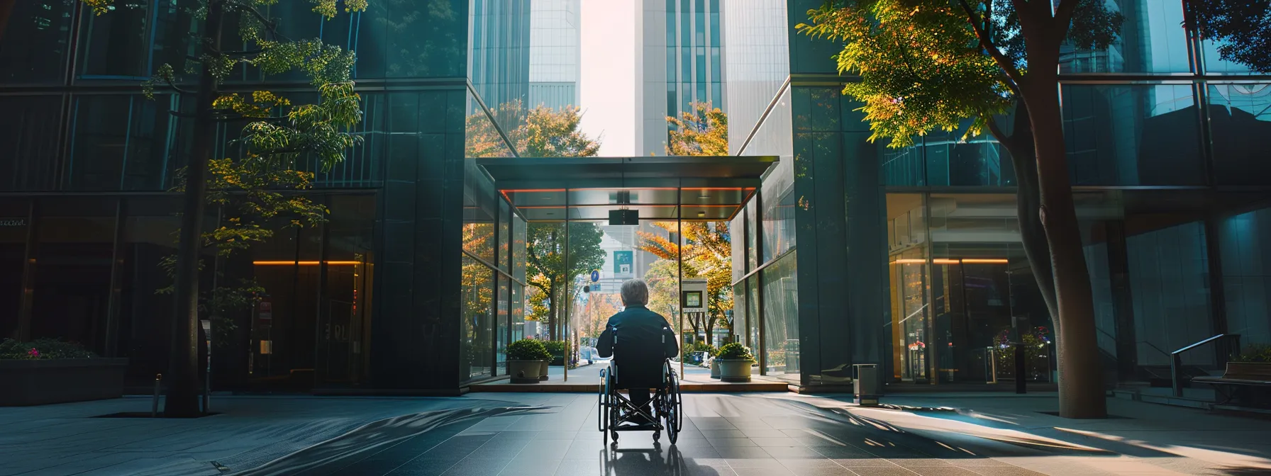 a person in a wheelchair seamlessly navigates a ramp leading to a commercial building entrance.