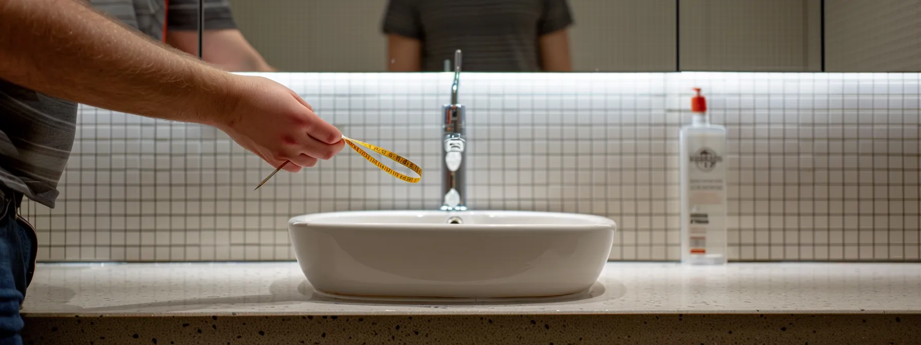 a person using a tape measure to measure the height of a bathroom sink in a public restroom.