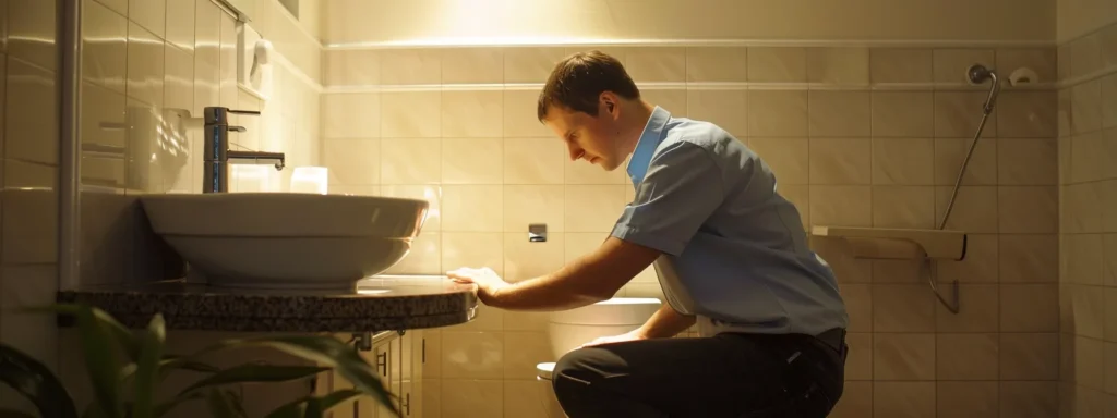 an ada inspector measuring the height of a bathroom sink for compliance.