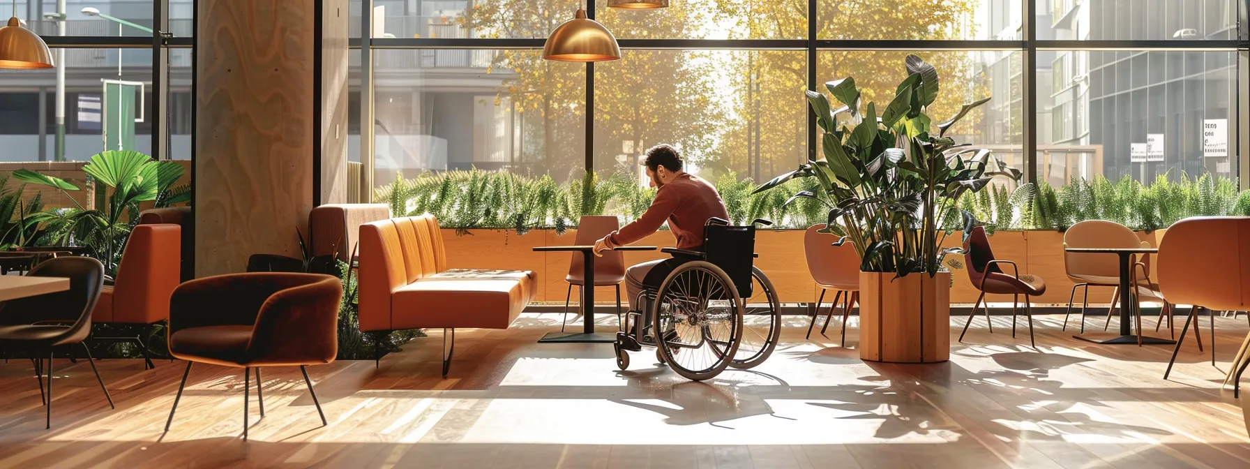 a person in a wheelchair easily navigates through a spacious public area filled with accessible furniture and fixtures.