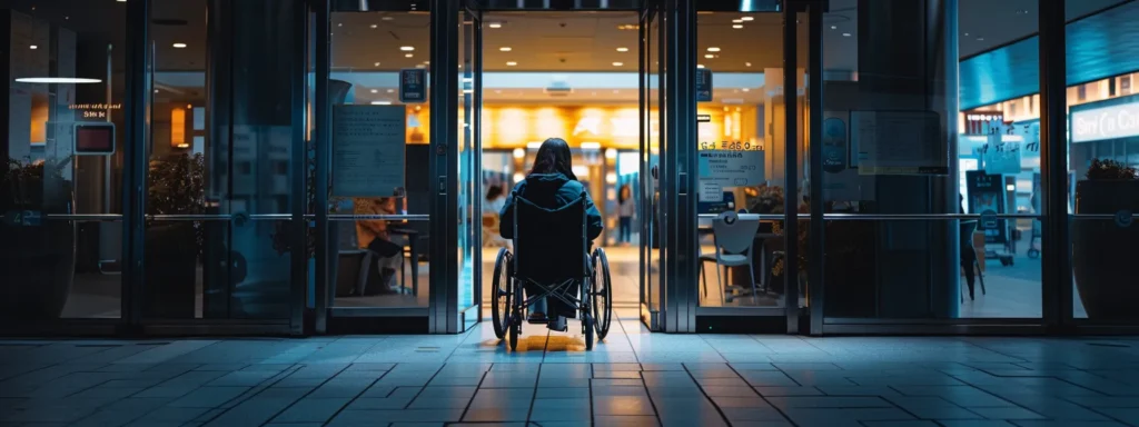 a person in a wheelchair easily entering a wide, automatic door at a business location.