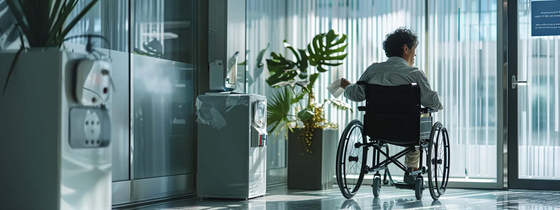 a person in a wheelchair struggling to reach a high paper towel dispenser in an office setting.