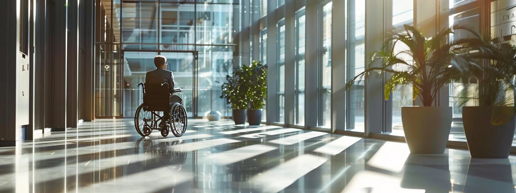 a person in a wheelchair comfortably navigating through a spacious commercial space with ample knee clearance.