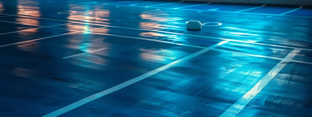 a parking lot with a clearly marked wheelchair symbol painted on the ground next to a blue parking space.