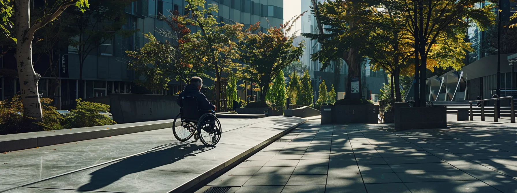 a person in a wheelchair smoothly navigating a ramp with knee clearance in a public space.