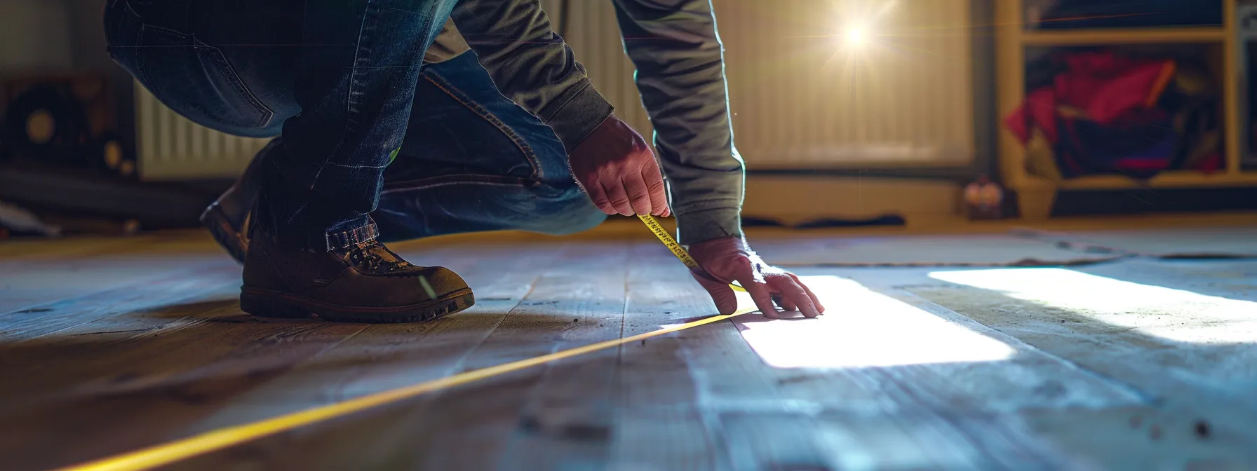 a person using a measuring tape to determine the appropriate knee clearance for an ada compliant space.