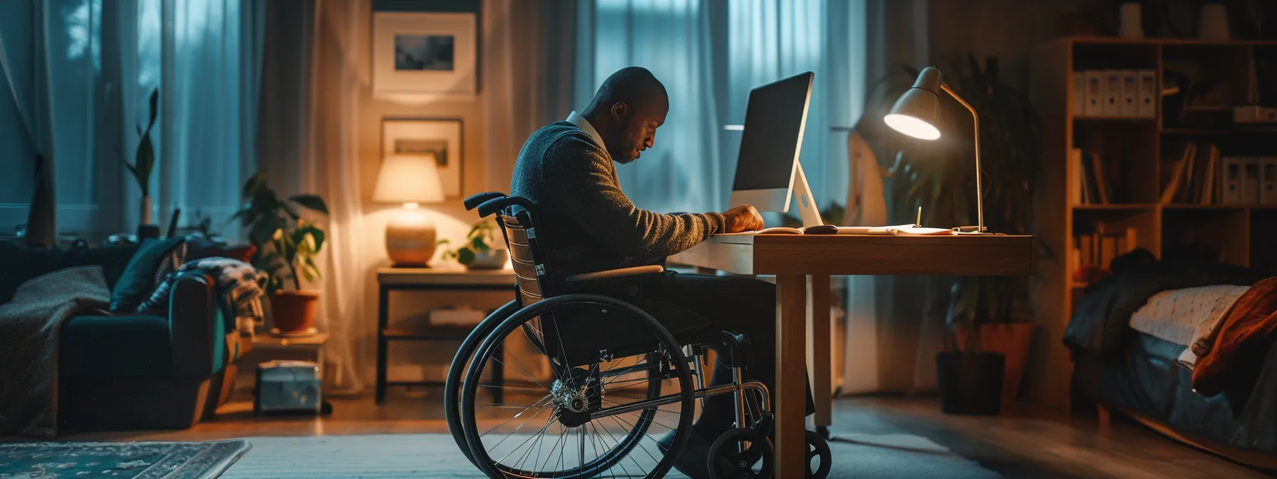 a person in a wheelchair comfortably using a desk with ample knee clearance.