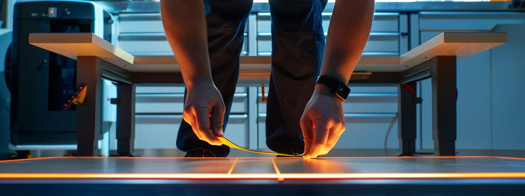 a person measuring the knee clearance under a table in a healthcare facility to ensure compliance with accessibility standards.