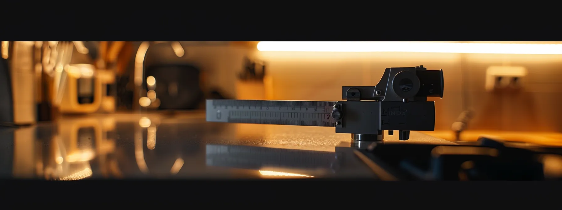 a digital caliper measuring the clearance under a counter.