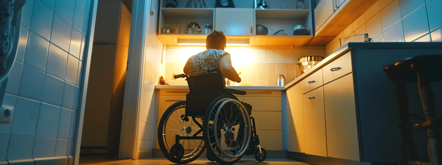 a person in a wheelchair moving comfortably under a sink with adequate knee clearance.