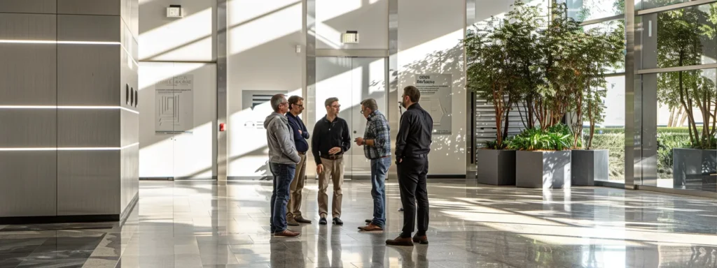 a group of people discussing and examining ada signage in a commercial building.