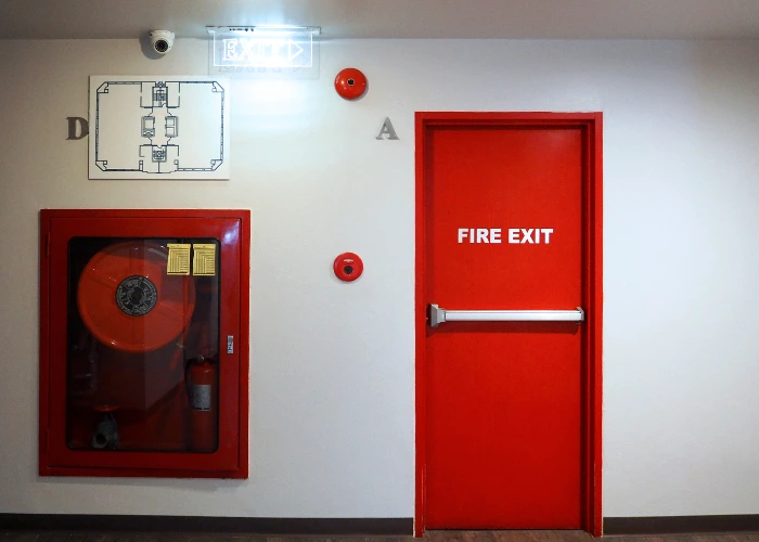 A red door displaying a fire exit sign, illustrating compliance with ADA and fire safety standards for exits and corridors.